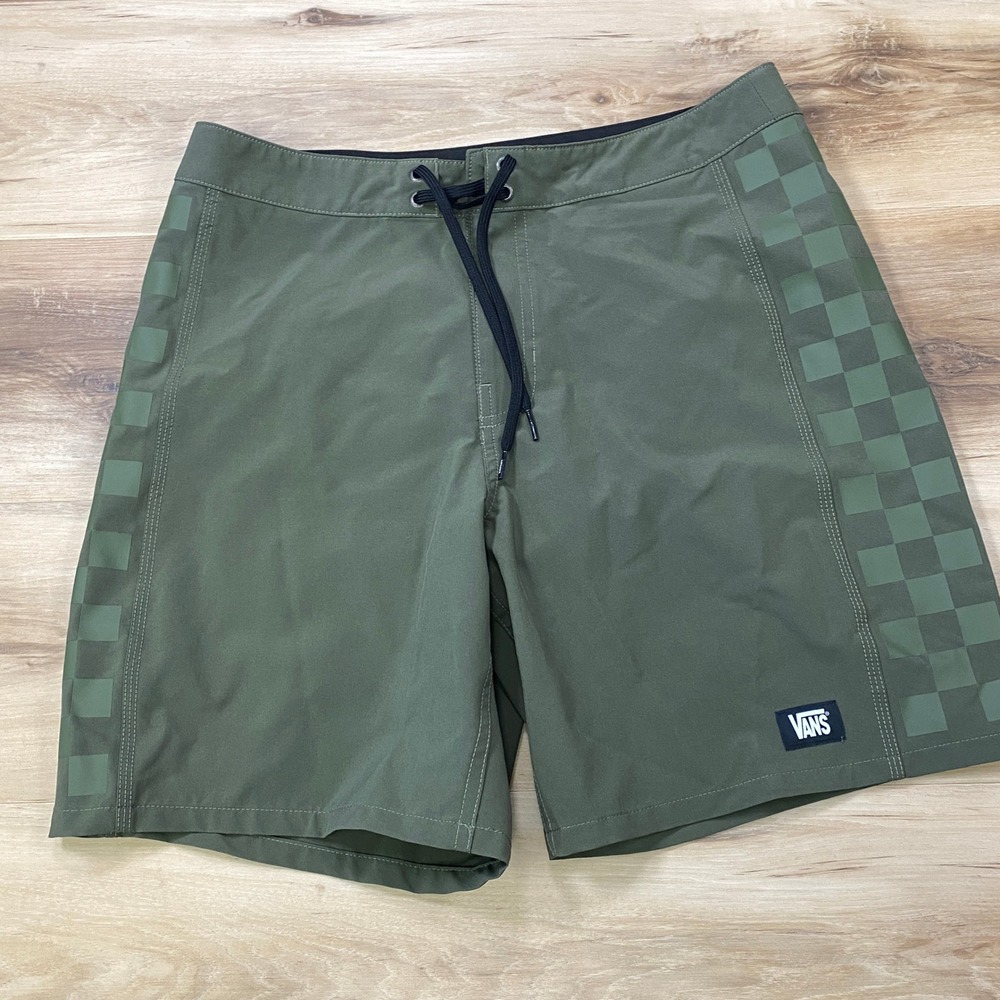 Vans Board Shorts Mens 30 Checkerboard Polyester Stretch Olive Green Surf Skate